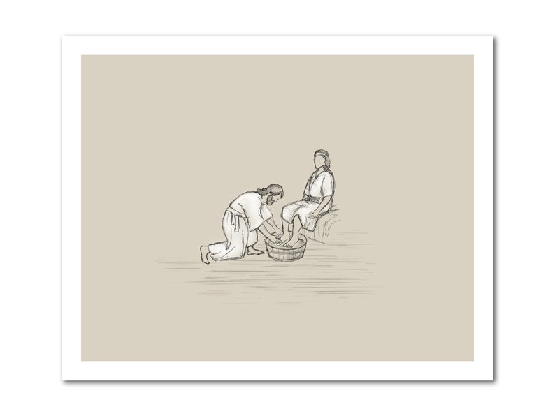 May include: A black and white line drawing of a person kneeling and washing the feet of another person sitting on a bench. The person washing the feet is holding a basin of water.