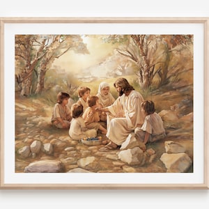 Jesus teaching children, christian poster, picture artwork, Jesus Christ blesses children Sunday School Decor, Jesus with child digital file