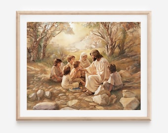 May include: A painting of Jesus teaching a group of children in a forest setting. The children are sitting on rocks and listening intently to Jesus, who is wearing a white robe. The scene is peaceful and serene, with soft light filtering through the trees.