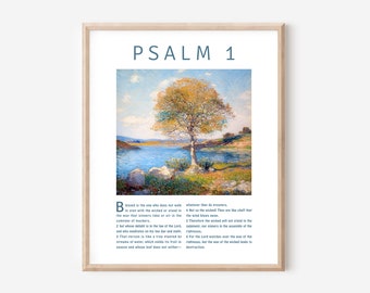 Psalm 1 Christian  Poster, a Tree Planted by Streams of Water, Sunday School Gift Art Picture, Bible Quote, Vintage style Painting Print