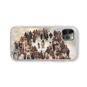 Op de afbeelding: Een aquarel schilderij van een groep mensen die rond een centrale figuur zijn verzameld. De mensen zijn gekleed in bruine gewaden en staan in een cirkel. De centrale figuur is een vrouw met lang, golvend haar, die een witte gewaden draagt. Het schilderij is tegen een lichtgrijze achtergrond geplaatst.