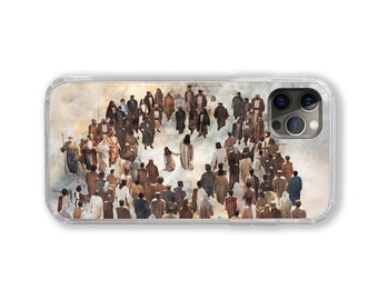 May include: A watercolor painting of a group of people gathered around a central figure. The people are dressed in brown robes and are standing in a circle. The central figure is a woman with long, flowing hair, wearing a white robe. The painting is set against a light gray background.