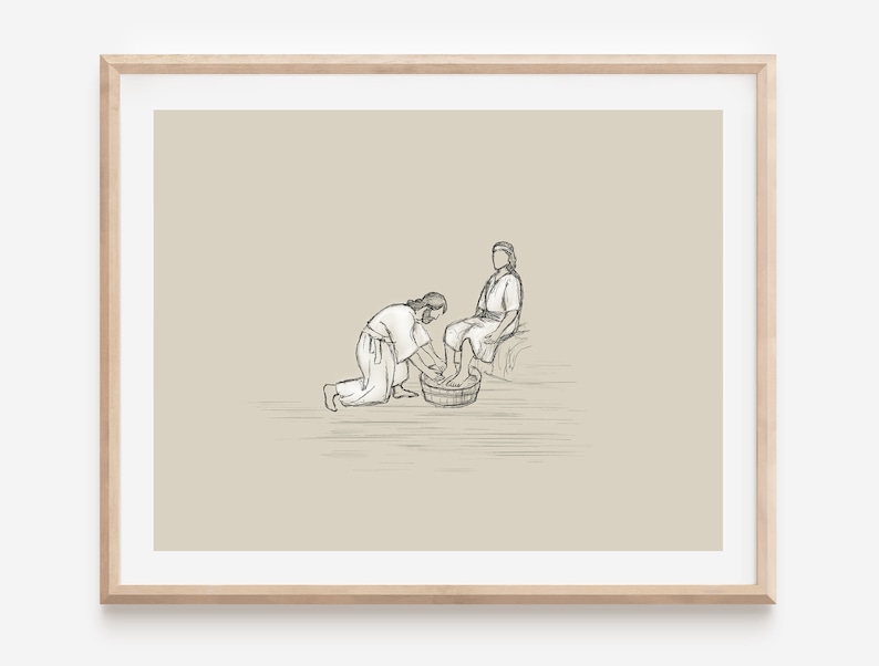 May include: A black and white line drawing of two people. One person is kneeling and washing the other person's feet in a basin.