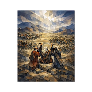 May include: Abstract geometric art print depicting a biblical scene. The artwork features figures in robes holding a staff, with a crowd in the background. Earth tones and blues dominate the color palette, with a bright sky.