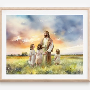 Jesus with children christian poster print watercolor picture painting artwork Sunday School Decor Jesus Christ blesses children Nursery Art