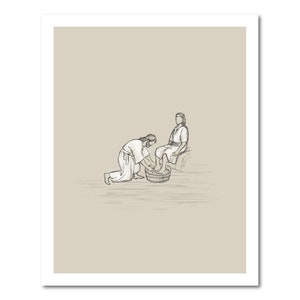 May include: A black and white line drawing of a person kneeling and washing the feet of another person sitting on a stool. The person washing the feet is holding a basin of water.