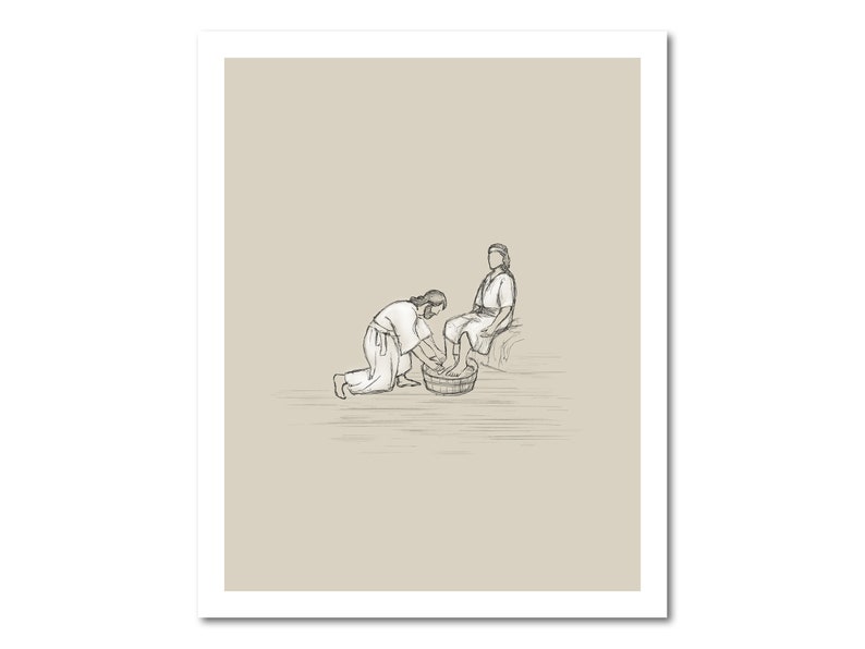 May include: A black and white line drawing of a person kneeling and washing the feet of another person sitting on a stool. The person washing the feet is holding a basin of water.