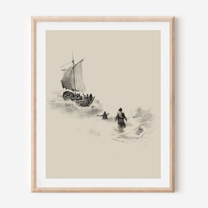 Peter and Jesus walk on water Christian Poster Print Picture Painting Bible Design Artwork Boho Minimal style Jesus Christ walking on water