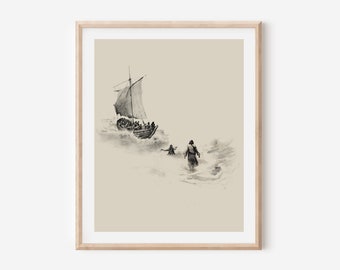 Pierre et Jésus marchent sur l’eau Christian Poster Print Picture Painting Bible Sketch Artwork Boho Style minimal Jésus-Christ marchant sur l’eau