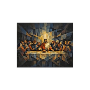 May include: Geometric art print of the Last Supper. The artwork shows Jesus and his disciples at a table, rendered in a mosaic of blue, brown, and gold geometric shapes. A central light source illuminates the scene, creating a dramatic effect.