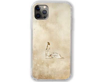 May include: A clear phone case with a vintage-style image of a person walking away from another person kneeling on the ground. The background is a faded brown color.