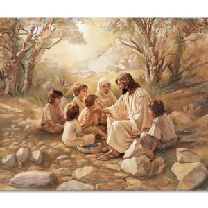 Jesús enseñando a los niños Escuela Dominical Decoración cartel cristiano impresión imagen pintura obra de arte Jesucristo bendice a los niños Nursery Room Art