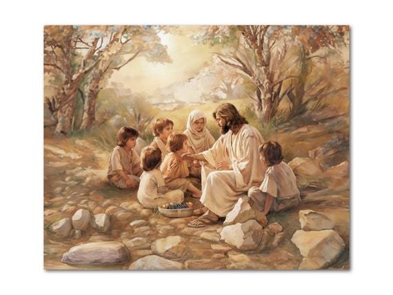 Jesus teaching children Sunday School Decor poster christian print picture  painting artwork Jesus Christ blesses children Nursery Room Art