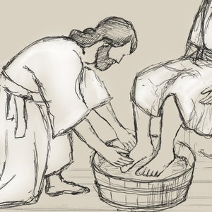 May include: A black and white line drawing of a person kneeling and washing the feet of another person sitting on a stool. The person washing the feet is holding a cloth in their hand.