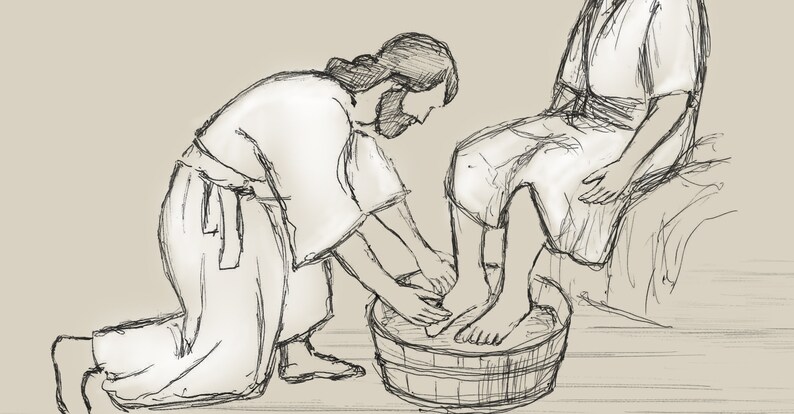 May include: A black and white line drawing of a person kneeling and washing the feet of another person sitting on a stool. The person washing the feet is holding a cloth in their hand.