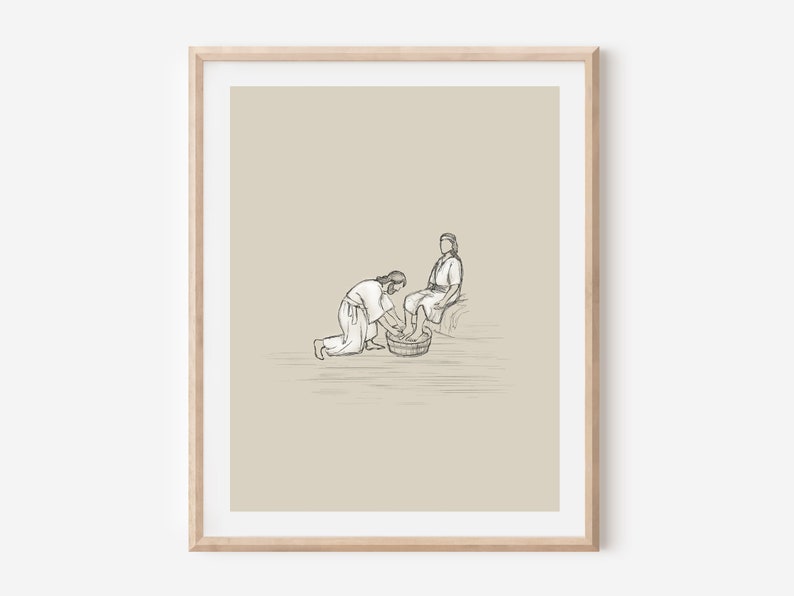 May include: A black and white line drawing of two people. One person is kneeling and washing the other person's feet in a basin.