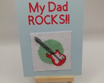 Handmade cross stitched guitar/ rock father's day card