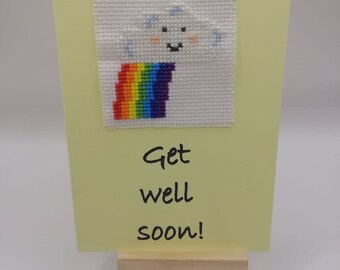 Handmade cross stitched rainbow get well soon card