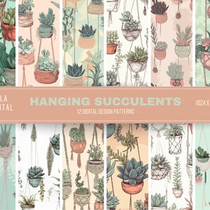Hanging Succulents - 12 Cute Potted Plant Designs - Digital Designer Paper - Seamless Patterns