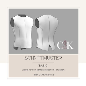 Op de afbeelding: Een naaipatroon voor een vest, met de tekst 'BASIC' en 'SCHNITTMUSTER'. Het patroon is voor een vest voor carnavalsdans, voor mannen in de maten 46, 48, 50 en 52.