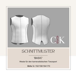 Könnte beinhalten: Ein Schnittmuster für eine ärmellose Weste, bezeichnet als 'BASIC'. Das Schnittmuster ist für eine Weste zum Tanzen, in den Größen für Mädchen 152/158/164/170 cm.