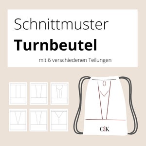 Könnte beinhalten: Ein Schnittmuster für einen Turnbeutel mit sechs verschiedenen Teilen. Das Schnittmuster enthält eine Zeichnung des Beutels mit dem Text "GSK" darauf.