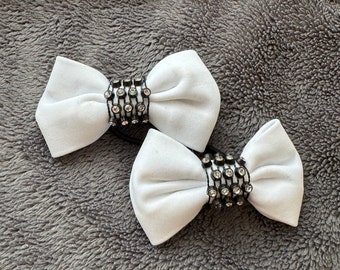 Hair bows white with rhinestone ribbon