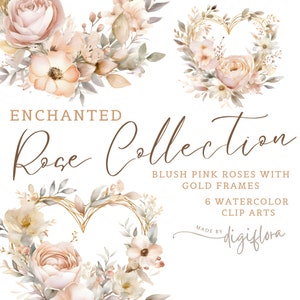 Puede incluir: Un conjunto de seis imágenes de arte de clip de acuarela con rosas rosadas y marcos dorados. Las imágenes están dispuestas en forma de corazón y el texto "ENCHANTED Rose Collection" está escrito encima de las imágenes. El texto "BLUSH PINK ROSES WITH GOLD FRAMES" está escrito debajo de las imágenes. El texto "6 WATERCOLOR CLIP ARTS" está escrito debajo del texto "BLUSH PINK ROSES WITH GOLD FRAMES". El texto "MADE BY digiflora" está escrito debajo del texto "6 WATERCOLOR CLIP ARTS".