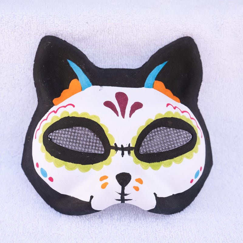 Sugar Skull Cat Glitter Eyemask Adult White Day of the Dead Mask main image 0