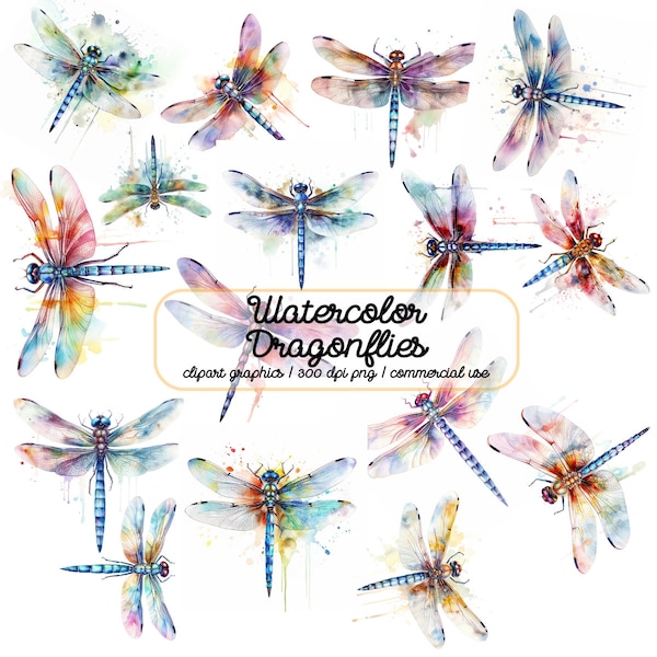 Watercolor Dragonflies Clipart,  watercolor insects, painted dragonfly clipart, PNG graphics, commercial use