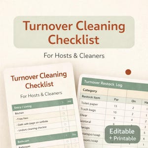 Checkliste für kurzfristige Mietumsätze Reinigung + Restock Log | Bearbeitbare Google Sheets-Vorlage | Printable A4 und US Letter | Gastgeberin & Putzfrau