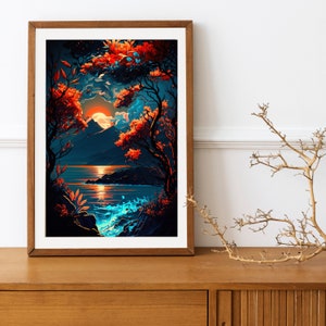 Dramatic Watercolor Sunset Landscape | Lake House Art | Landscape Art | Sunset Wall Art | Cool Living Room Art | Dark Skies | Digital Art