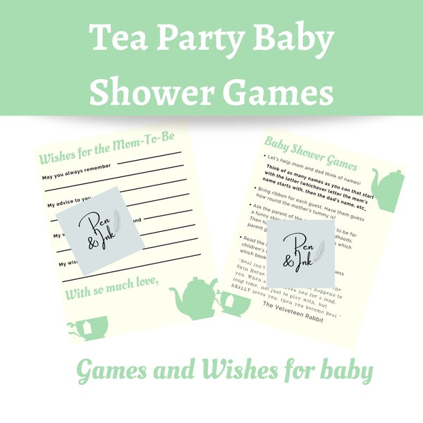 Baby shower activity bundle; wishes and games; gender-neutral, personalized, favorite book game, tea-party theme, green baby shower