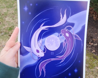 Tui & La | Lune et océan | Yin et Yang | Koi | Impression artistique | Illustration | 11 x 8,5 po.