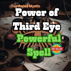 May include: A close-up of candles and a piece of paper with the text "Power of Third Eye Powerful Spell" and a "Top Seller" badge. The candles are black and have a gold trim. The paper is white and has a brown background.