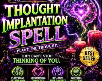May include: A digital graphic titled MysticMavenMagic Thought Implantation Spell featuring purple and green text, a glowing brain with a heart, and several lit candles. A gold Best Seller badge is visible alongside icons for mind, heart, and influence.