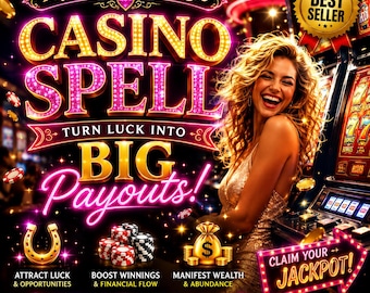 Op de afbeelding: Een digitale afbeelding met de tekst MysticMavenMagic CASINO SPELL TURN LUCK INTO BIG Payouts! met een lachend persoon in een gouden jurk, een gokkast, pokerfiches, een gouden hoefijzer, een geldzak en de tekst CLAIM YOUR JACKPOT!