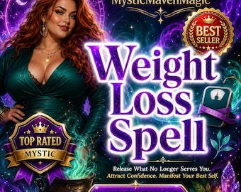 May include: A digital graphic featuring a person with long red hair in a dark green dress, with text reading MysticMavenMagic, Weight Loss Spell, Top Rated Mystic, Best Seller, Release What No Longer Serves You, Attract Confidence, Manifest Your Best Self, and Order Today.