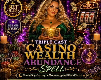 Può includere: Una grafica digitale che mostra una persona che tiene una ciotola dorata con un simbolo del dollaro, circondata da fiches da casinò, una slot machine e candele. Il testo include MysticMavenMagic, Best Seller, Top Rated Mystic, Triple Cast Casino Wealth Abundance Spell, Same-Day Casting, Moon-Aligned Ritual Work e Unlock Your Financial Freedom.