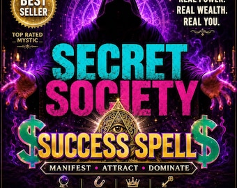 Puede incluir: Un gráfico digital con una figura encapuchada con energía púrpura brillante y el texto: BEST SELLER, REAL POWER. REAL WEALTH. REAL YOU. SECRET SOCIETY SUCCESS SPELL, MANIFEST ATTRACT DOMINATE, POWERFUL INTENTIONS, ATTRACT WEALTH, UNLOCK YOUR POTENTIAL, ACCESS HIDDEN OPPORTUNITIES, MysticMavenMagic.