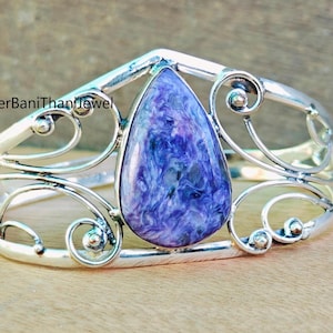 Pulseira Charoite: Pulseira de prata esterlina 925, joia feita à mão com pedras preciosas