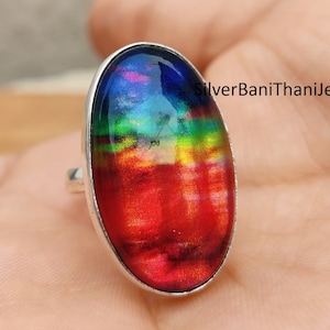 Bague en ammolite, bijoux en ammolite, bague en argent, bague cadeau, bague pour femme, cadeau pour elle, bague tendance, bagues de promesse, bague ovale, cadeaux pour elle