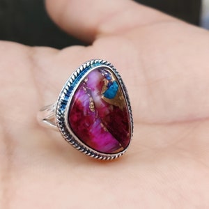 Anel de turquesa rosa, anel de cobre turquesa, anel com pedras preciosas, anel de prata esterlina 925, anel de cobre turquesa rosa, joias de turquesa rosa