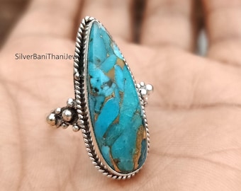 ブルーコッパーターコイズリング、ハンドメイドシルバーリング