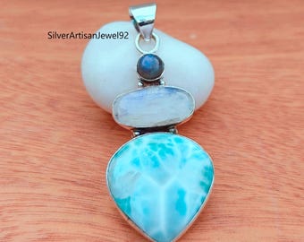 Larimar Moonstone Labradorite Pendant, 925 Sterling Silver
