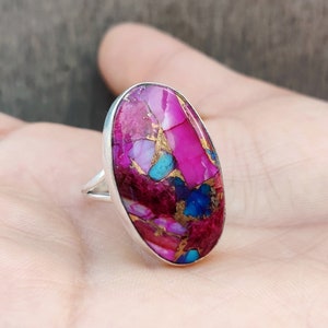 Anel de turquesa rosa, anel de cobre turquesa, anel com pedras preciosas, anel de prata esterlina 925, anel de cobre turquesa rosa, joias de turquesa rosa