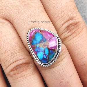 Anel de turquesa rosa, anel de cobre turquesa, anel com pedras preciosas, anel de prata esterlina 925, anel de cobre turquesa rosa, joias de turquesa rosa