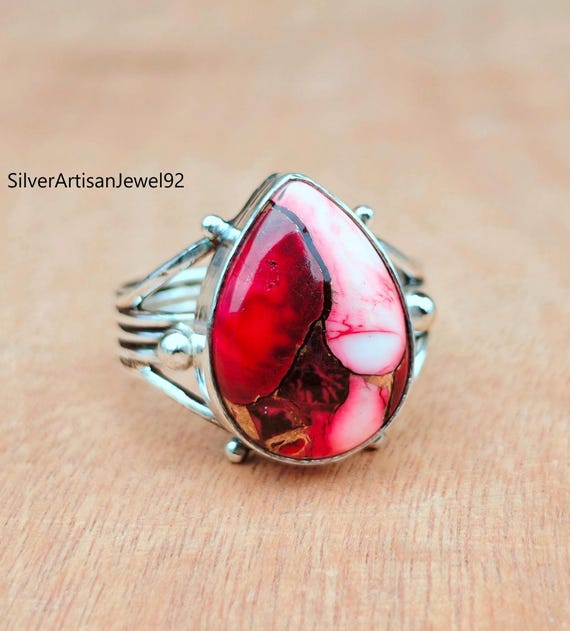 レッドダリアターコイズリング：ボヘミアンスターリングシルバーの宝石