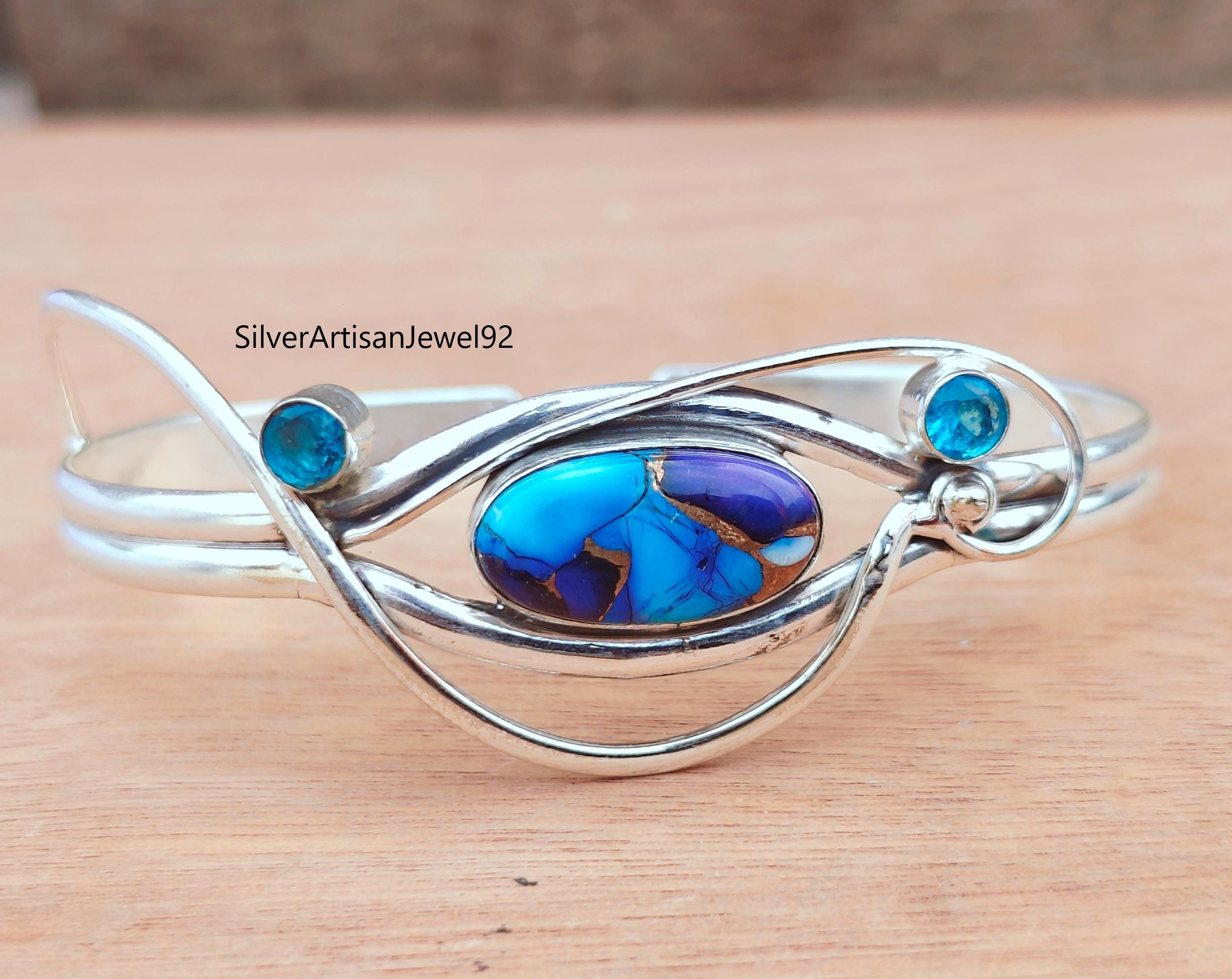 Purple Dahlia Turquoise & Blue Topaz Bangle: Sterling Silver Cuff