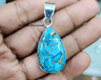 ハンドメイドブルー銅ターコイズ925シルバーペンダント - Etsy 日本